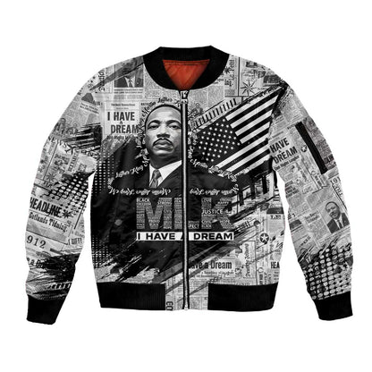 I Have A Dream MLK Sleeve Zip Bomber Jacket Newspaper Grunge Style - African Pride