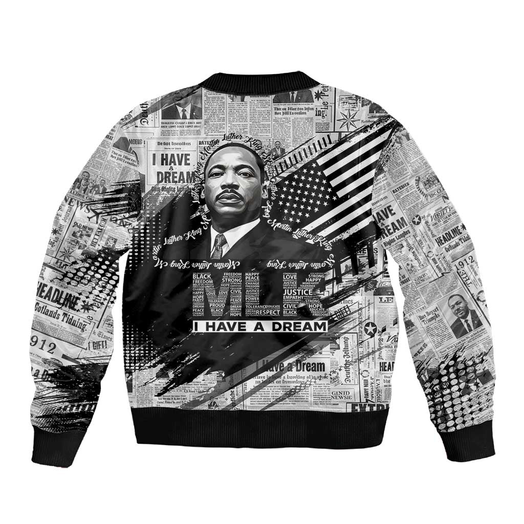 I Have A Dream MLK Sleeve Zip Bomber Jacket Newspaper Grunge Style - African Pride