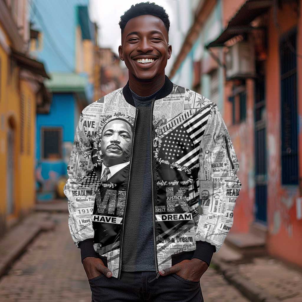 I Have A Dream MLK Sleeve Zip Bomber Jacket Newspaper Grunge Style - African Pride