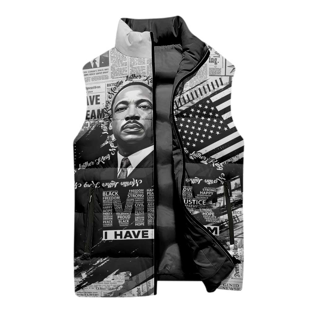 I Have A Dream MLK Sleeveless Puffer Jacket Newspaper Grunge Style - African Pride