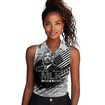 I Have A Dream MLK Women Sleeveless Polo Shirt Newspaper Grunge Style - African Pride