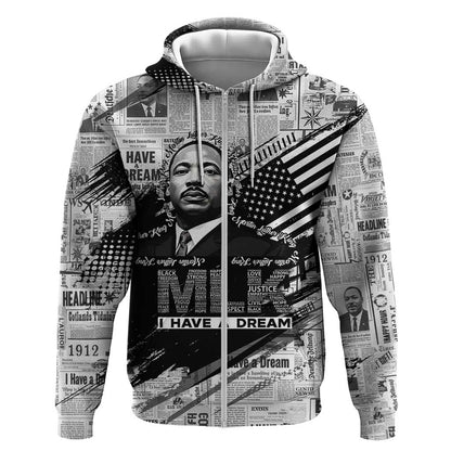 I Have A Dream MLK Zip Hoodie Newspaper Grunge Style - African Pride