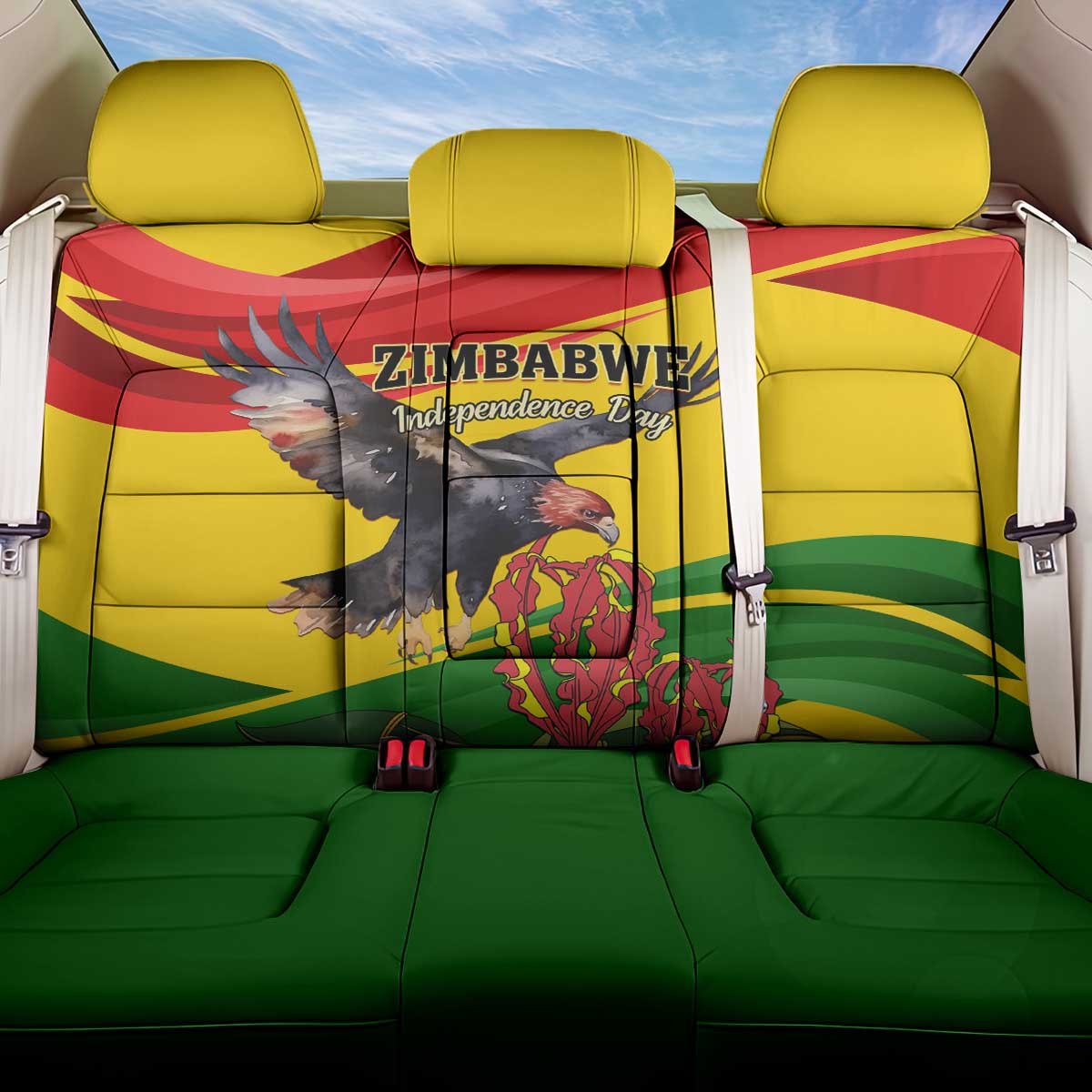 Zimbabwe Independence Day Back Car Seat Cover Featuring Chapungu Bird and Flame Lily