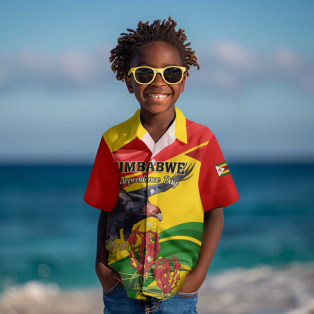 Zimbabwe Independence Day Kid Hawaiian Shirt Featuring Chapungu Bird and Flame Lily