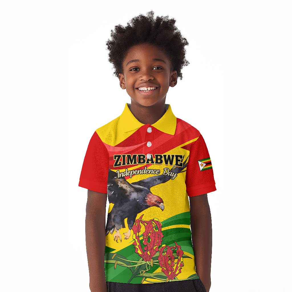 Zimbabwe Independence Day Kid Polo Shirt Featuring Chapungu Bird and Flame Lily