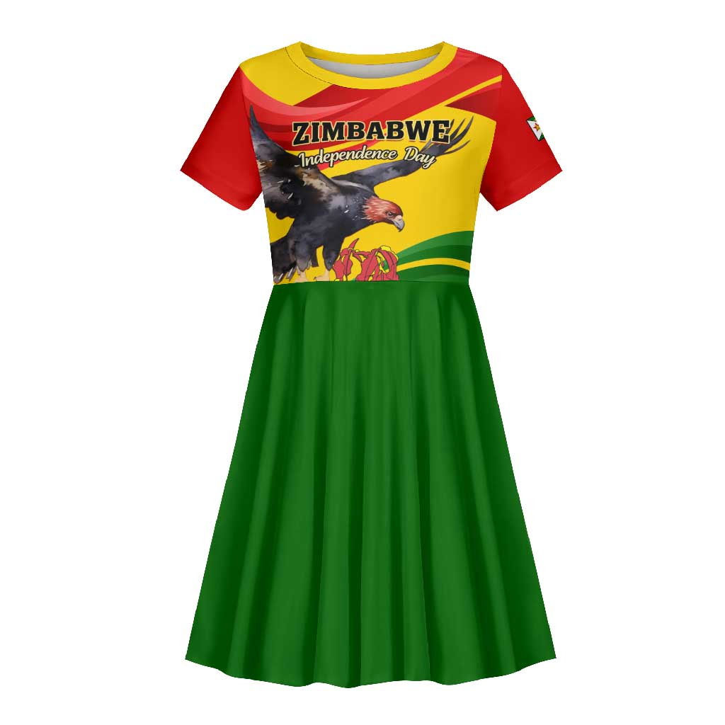 Zimbabwe Independence Day Kid Short Sleeve Dress Featuring Chapungu Bird and Flame Lily