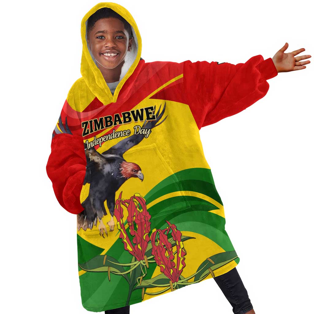 Zimbabwe Independence Day KId Wearable Blanket Hoodie Featuring Chapungu Bird and Flame Lily