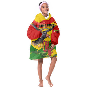 Zimbabwe Independence Day KId Wearable Blanket Hoodie Featuring Chapungu Bird and Flame Lily