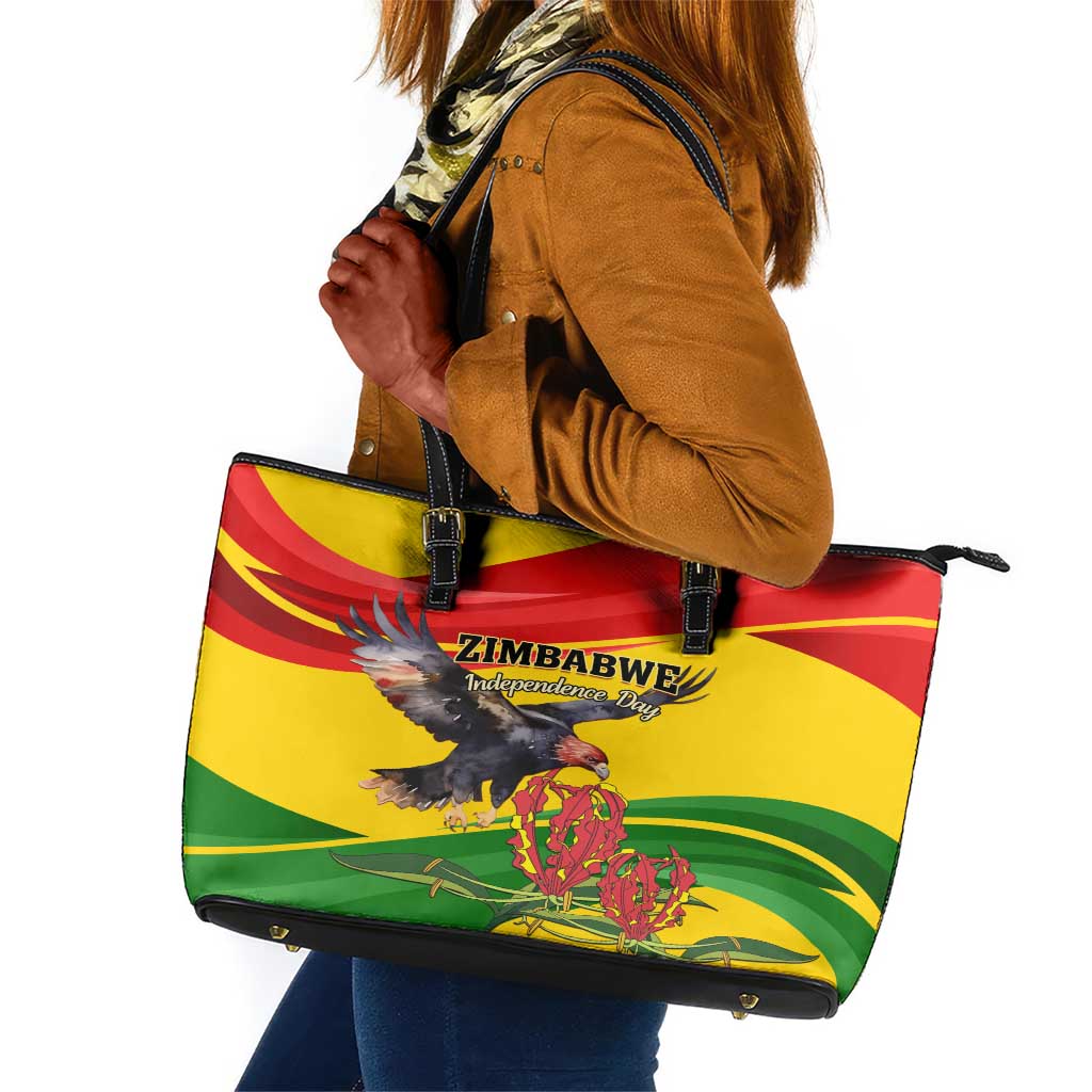 Zimbabwe Independence Day Leather Tote Bag Featuring Chapungu Bird and Flame Lily