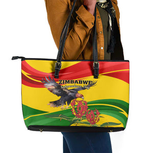 Zimbabwe Independence Day Leather Tote Bag Featuring Chapungu Bird and Flame Lily