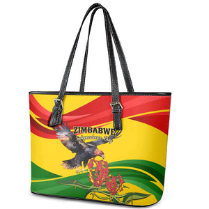 Zimbabwe Independence Day Leather Tote Bag Featuring Chapungu Bird and Flame Lily