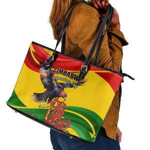 Zimbabwe Independence Day Leather Tote Bag Featuring Chapungu Bird and Flame Lily