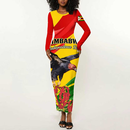 Zimbabwe Independence Day Long Sleeve Bodycon Dress Featuring Chapungu Bird and Flame Lily LT01