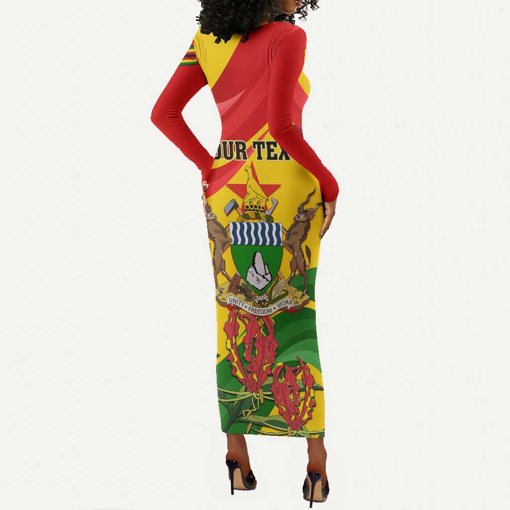 Zimbabwe Independence Day Long Sleeve Bodycon Dress Featuring Chapungu Bird and Flame Lily LT01