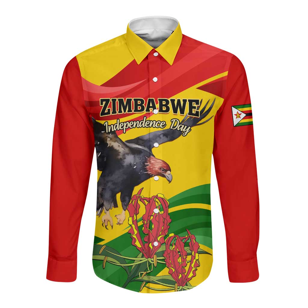 Zimbabwe Independence Day Long Sleeve Button Shirt Featuring Chapungu Bird and Flame Lily