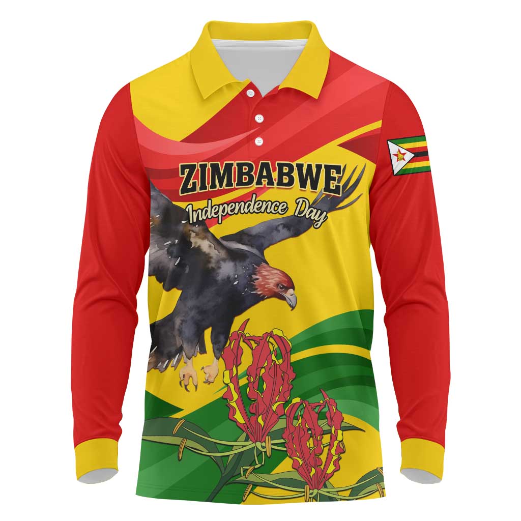 Zimbabwe Independence Day Long Sleeve Polo Shirt Featuring Chapungu Bird and Flame Lily