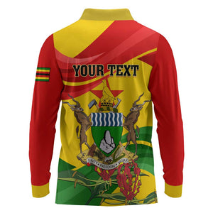 Zimbabwe Independence Day Long Sleeve Polo Shirt Featuring Chapungu Bird and Flame Lily