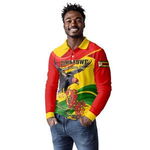 Zimbabwe Independence Day Long Sleeve Polo Shirt Featuring Chapungu Bird and Flame Lily