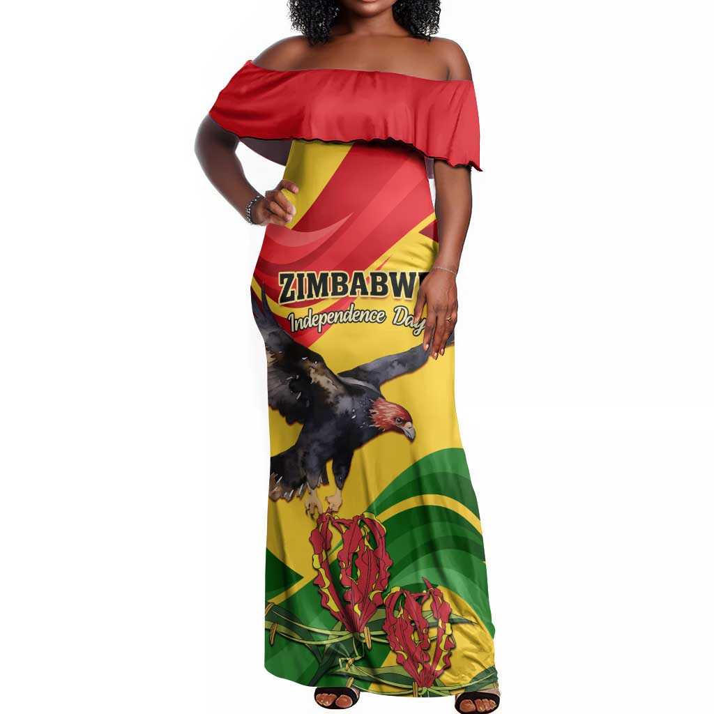 Zimbabwe Independence Day Off Shoulder Maxi Dress Featuring Chapungu Bird and Flame Lily