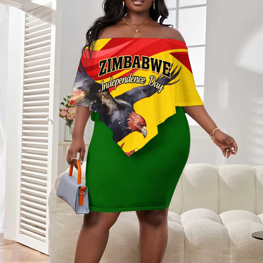 Zimbabwe Independence Day Off Shoulder Short Dress Featuring Chapungu Bird and Flame Lily LT01