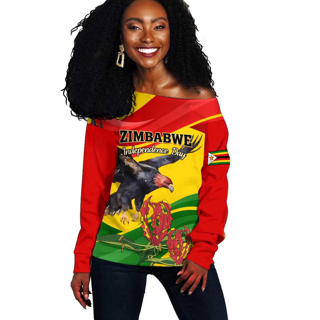 Zimbabwe Independence Day Off Shoulder Sweater Featuring Chapungu Bird and Flame Lily