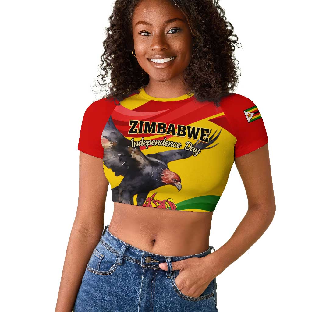 Zimbabwe Independence Day Raglan Cropped T shirt Featuring Chapungu Bird and Flame Lily