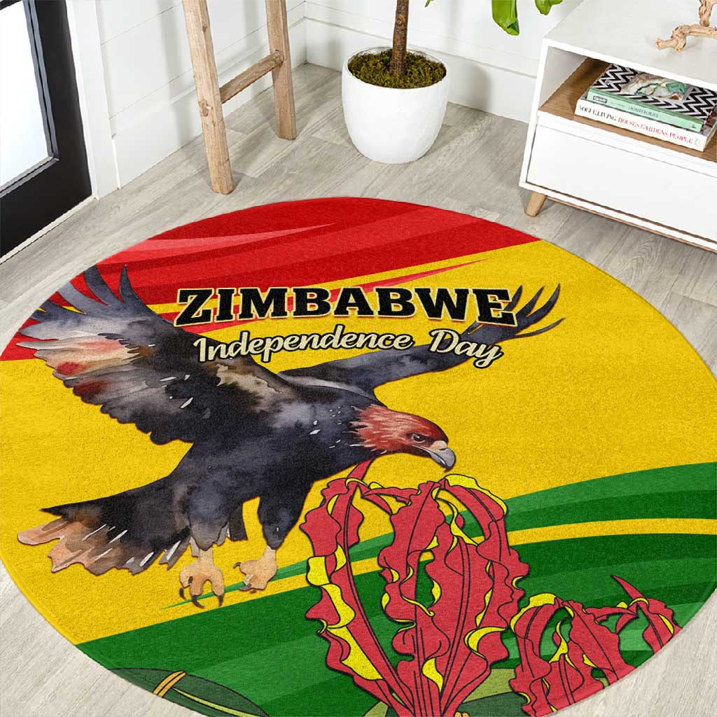 Zimbabwe Independence Day Round Carpet Featuring Chapungu Bird and Flame Lily