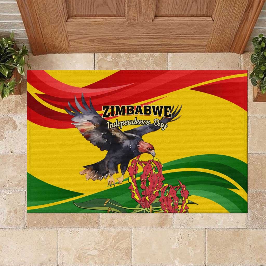 Zimbabwe Independence Day Rubber Doormat Featuring Chapungu Bird and Flame Lily