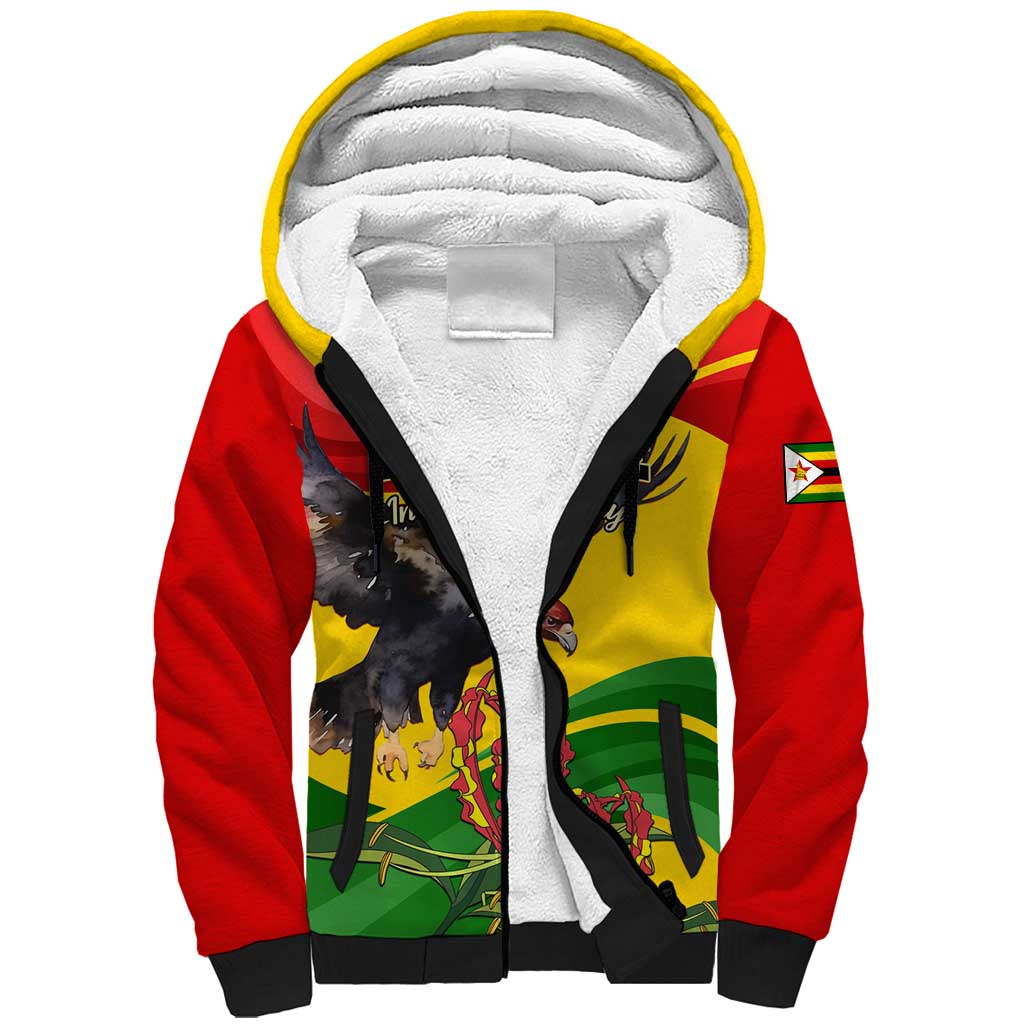 Zimbabwe Independence Day Sherpa Hoodie Featuring Chapungu Bird and Flame Lily