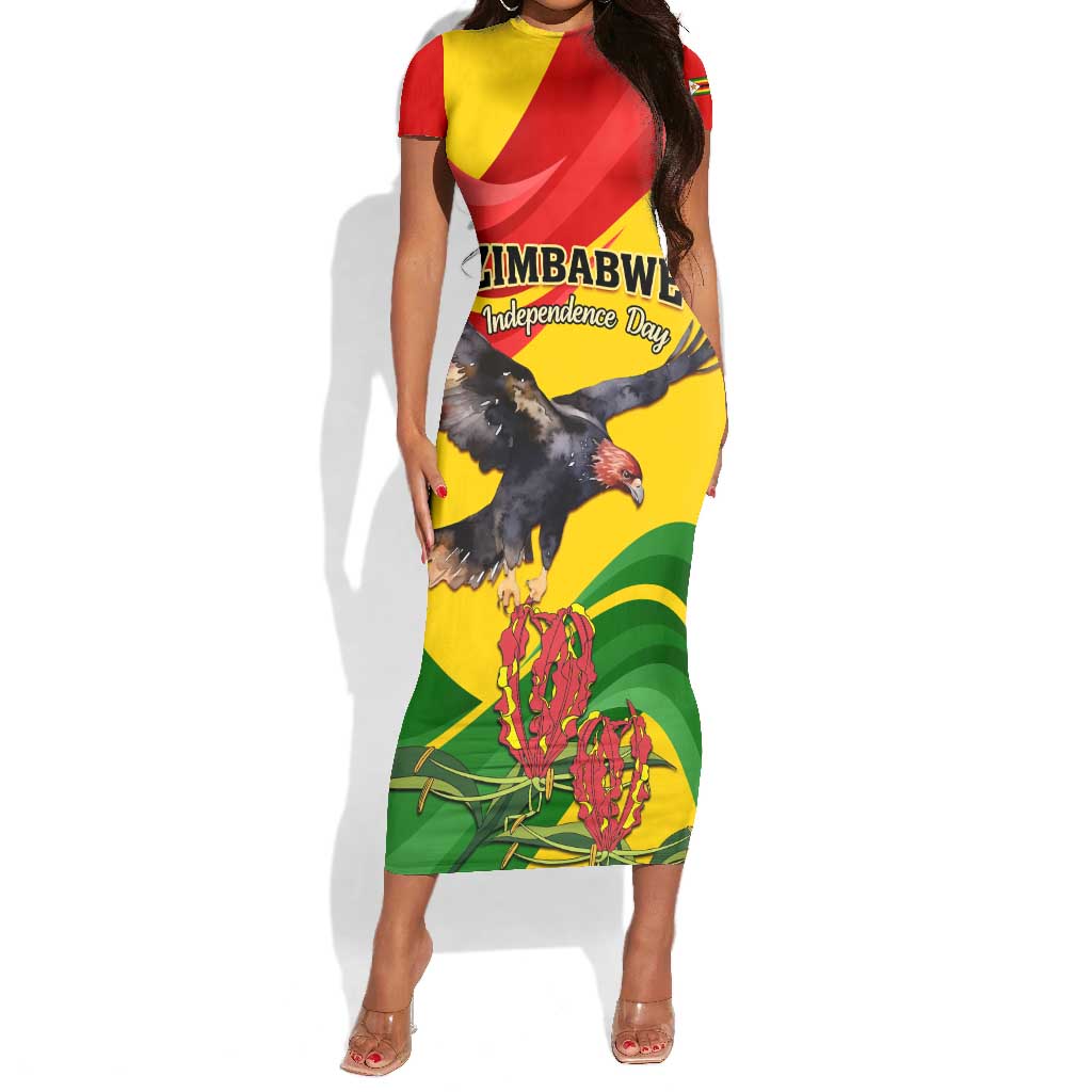 Zimbabwe Independence Day Short Sleeve Bodycon Dress Featuring Chapungu Bird and Flame Lily