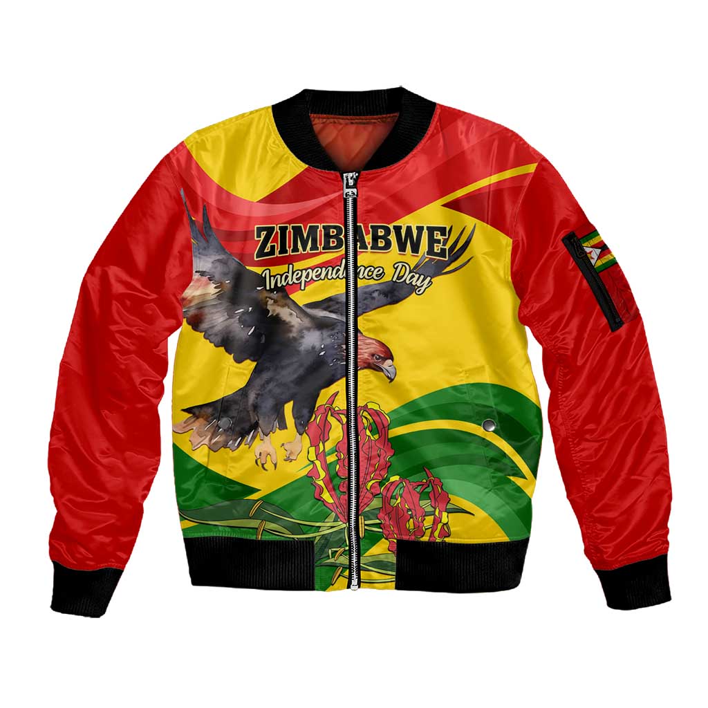 Zimbabwe Independence Day Sleeve Zip Bomber Jacket Featuring Chapungu Bird and Flame Lily