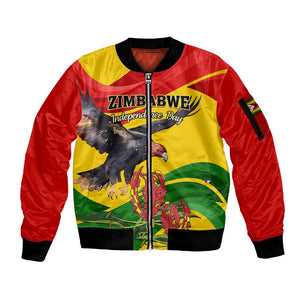 Zimbabwe Independence Day Sleeve Zip Bomber Jacket Featuring Chapungu Bird and Flame Lily