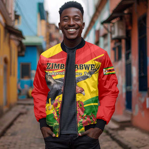 Zimbabwe Independence Day Sleeve Zip Bomber Jacket Featuring Chapungu Bird and Flame Lily