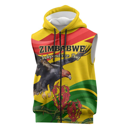 Zimbabwe Independence Day Sleeveless Zip Hoodie Featuring Chapungu Bird and Flame Lily - African Pride