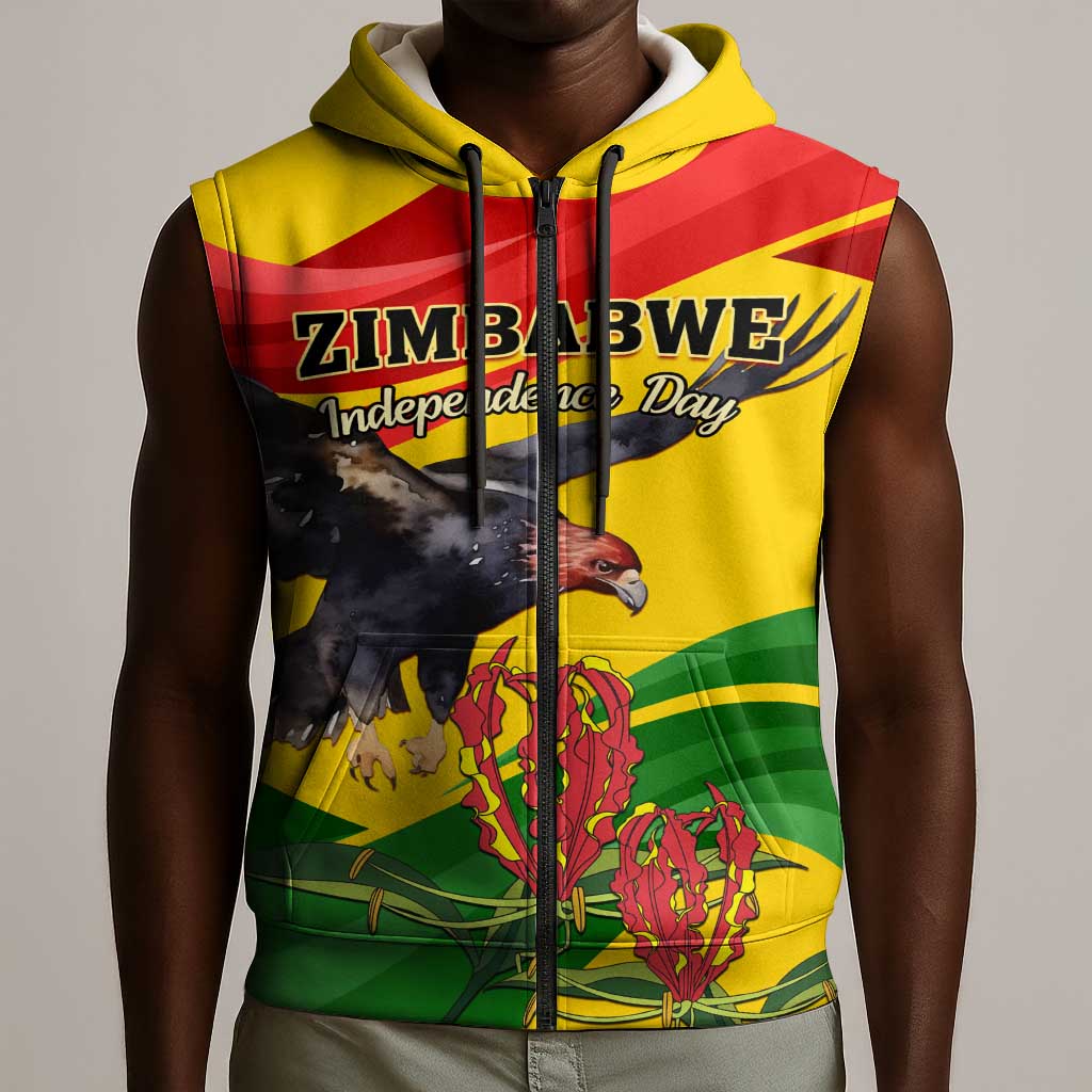 Zimbabwe Independence Day Sleeveless Zip Hoodie Featuring Chapungu Bird and Flame Lily - African Pride