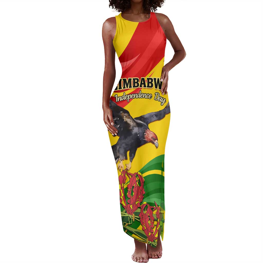 Zimbabwe Independence Day Tank Maxi Dress Featuring Chapungu Bird and Flame Lily