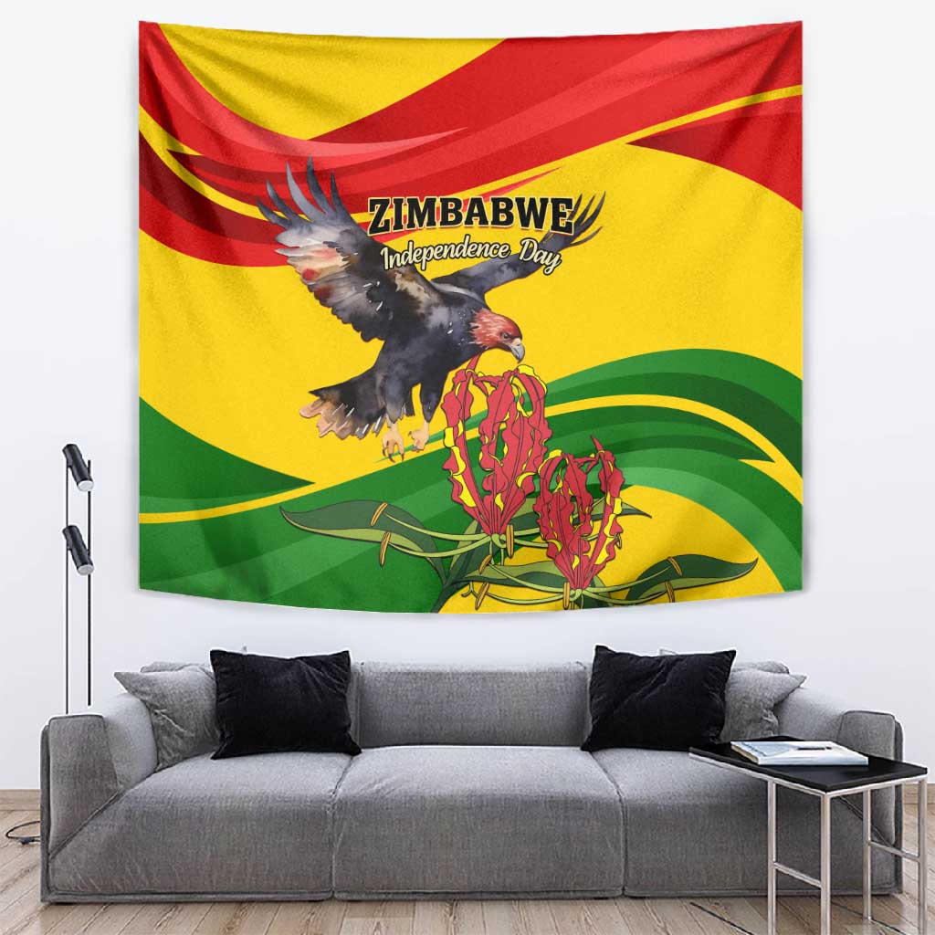 Zimbabwe Independence Day Tapestry Featuring Chapungu Bird and Flame Lily