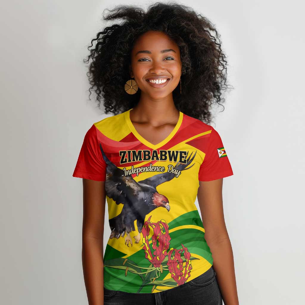 Zimbabwe Independence Day Women V-Neck T-Shirt Featuring Chapungu Bird and Flame Lily