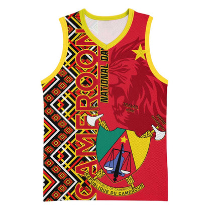 Cameroon National Day Basketball Jersey Cameroun Coat Of Arms Ankara Pattern LT01