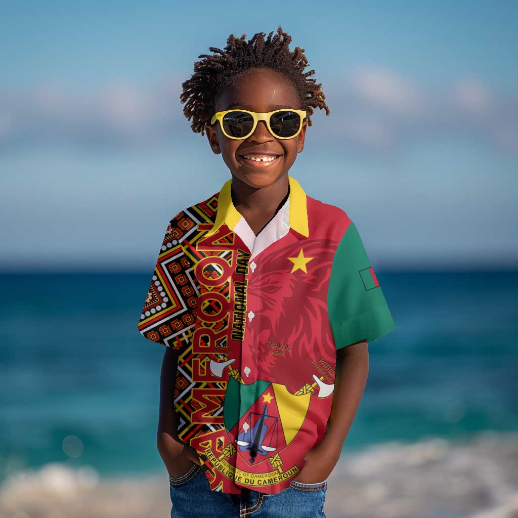 Cameroon National Day Kid Hawaiian Shirt Cameroun Coat Of Arms Ankara Pattern