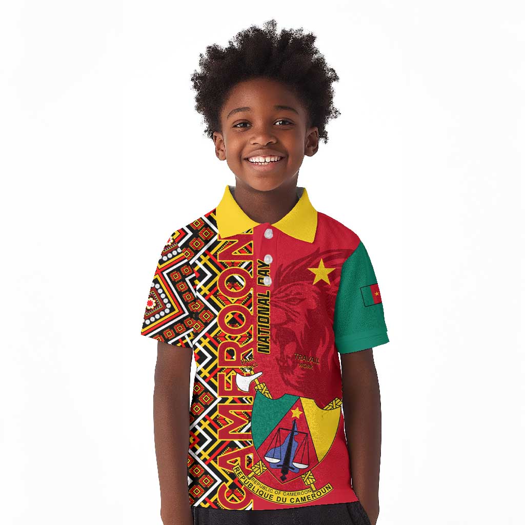 Cameroon National Day Kid Polo Shirt Cameroun Coat Of Arms Ankara Pattern