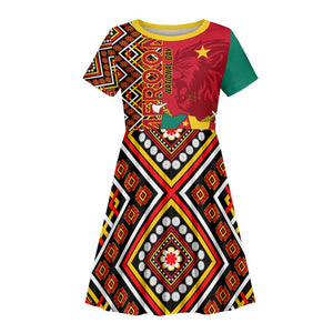 Cameroon National Day Kid Short Sleeve Dress Cameroun Coat Of Arms Ankara Pattern