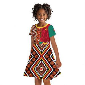 Cameroon National Day Kid Short Sleeve Dress Cameroun Coat Of Arms Ankara Pattern