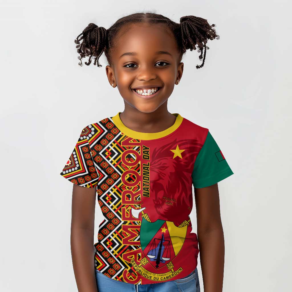 Cameroon National Day Kid T shirt Cameroun Coat Of Arms Ankara Pattern