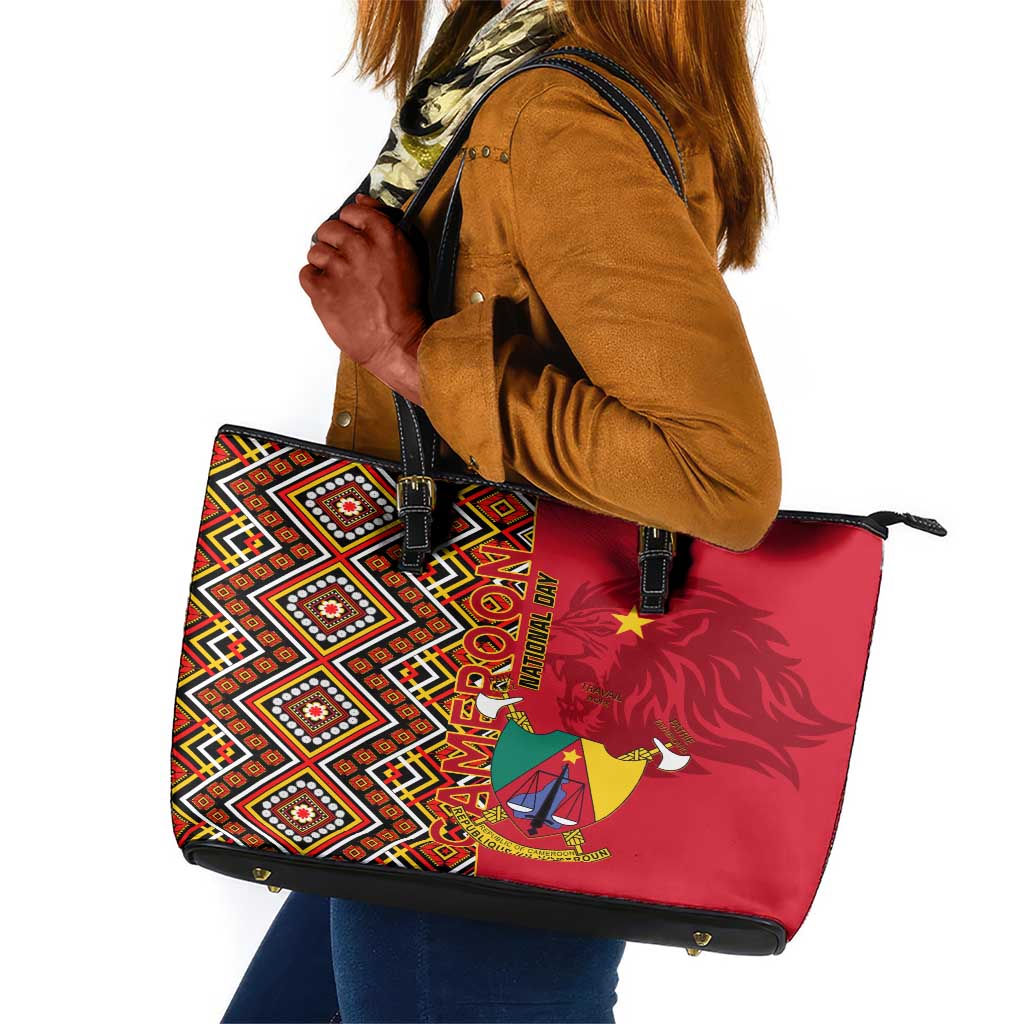 Cameroon National Day Leather Tote Bag Cameroun Coat Of Arms Ankara Pattern