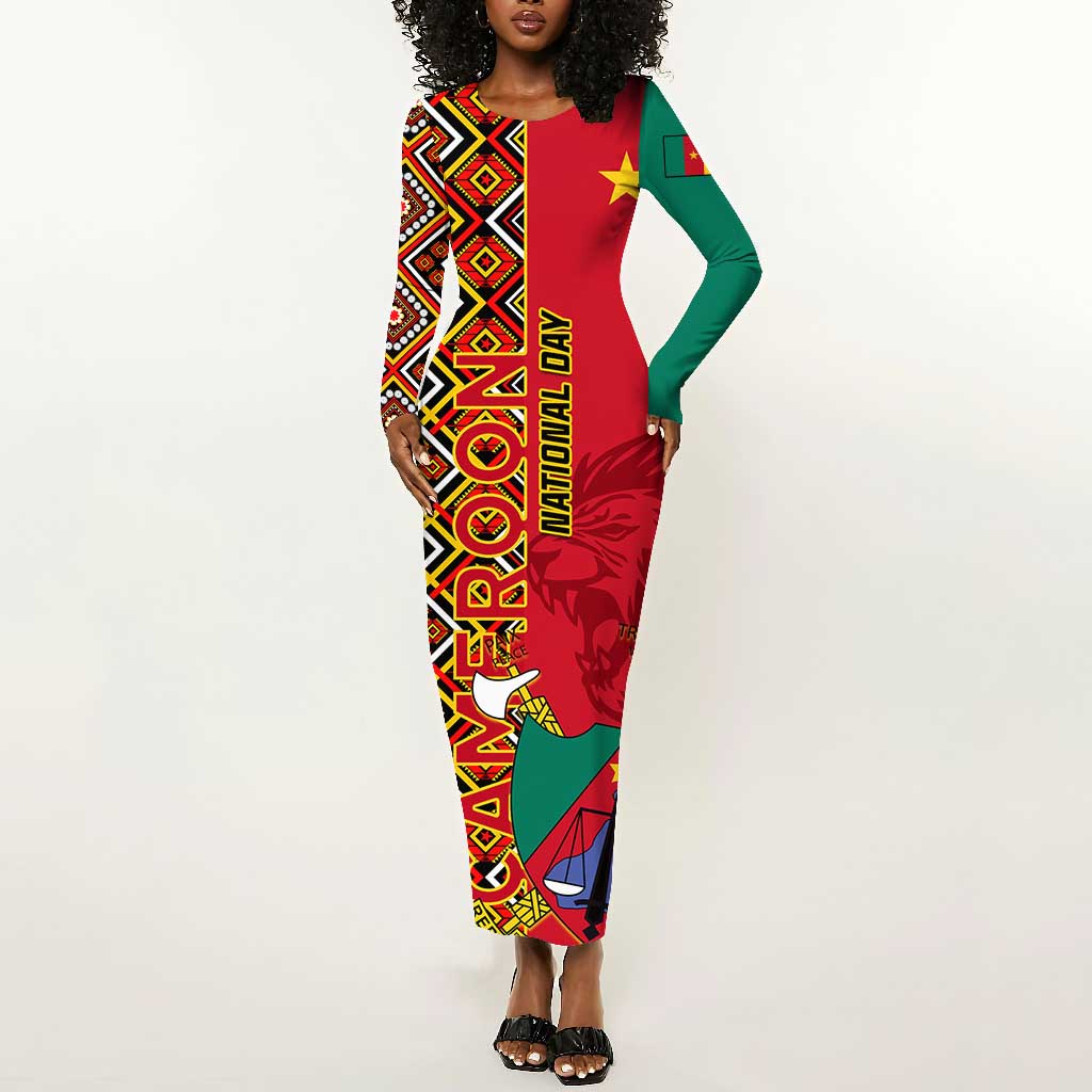 Cameroon National Day Long Sleeve Bodycon Dress Cameroun Coat Of Arms Ankara Pattern