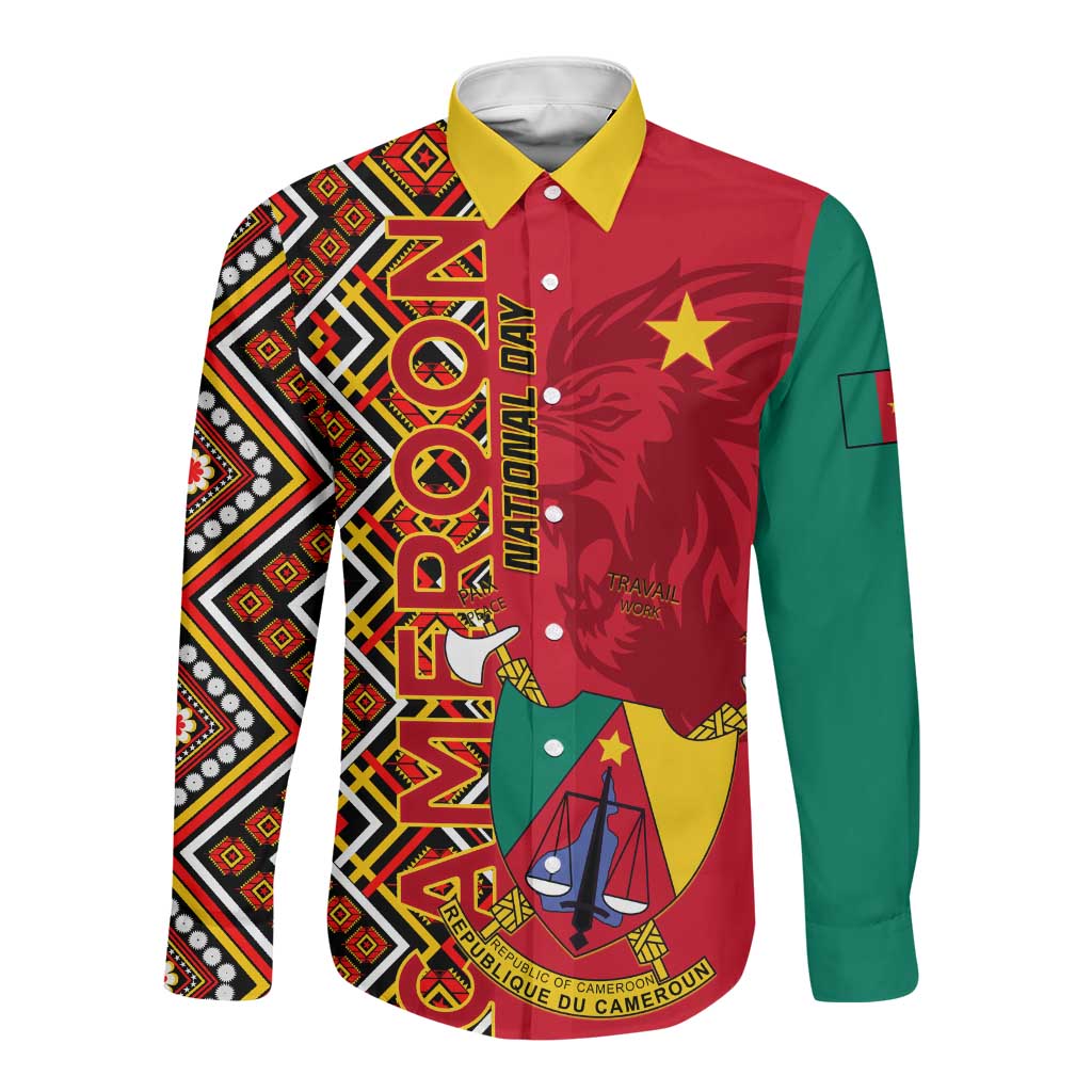 Cameroon National Day Long Sleeve Button Shirt Cameroun Coat Of Arms Ankara Pattern