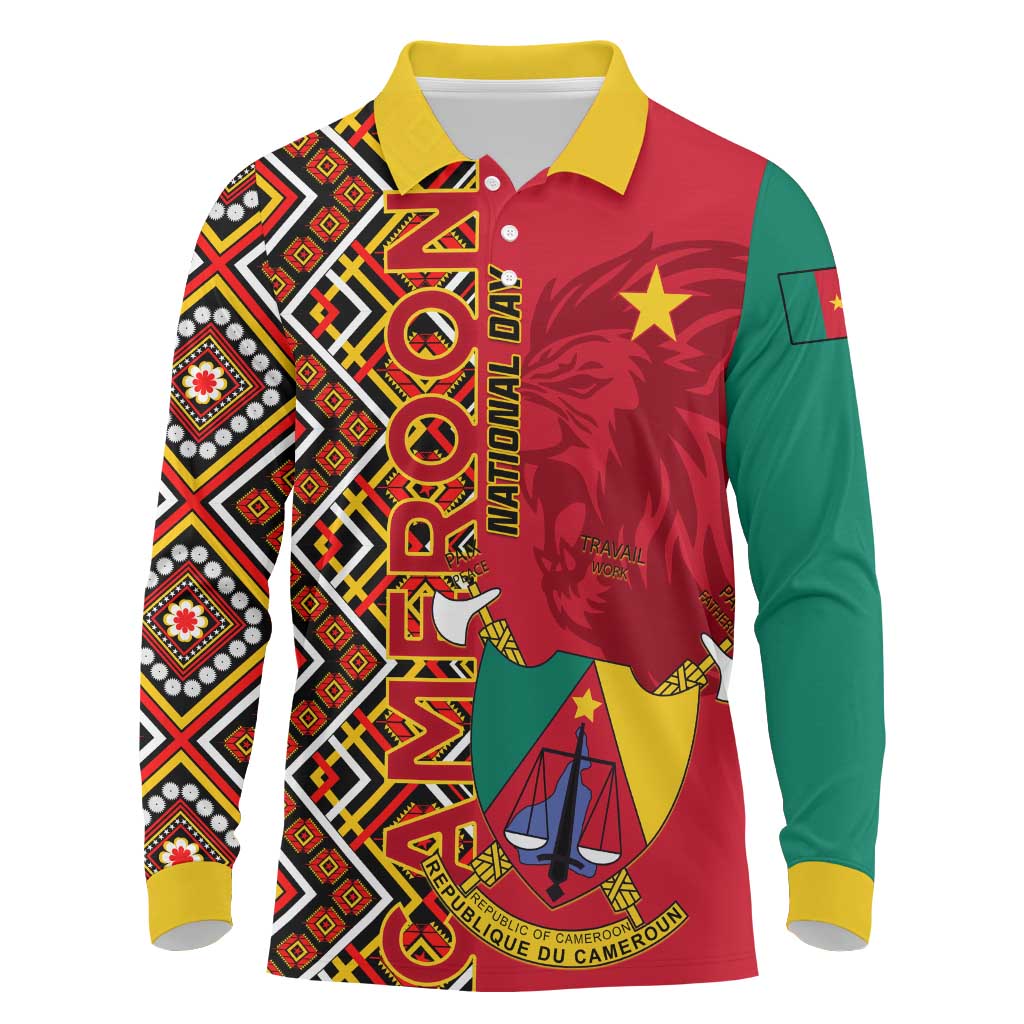 Cameroon National Day Long Sleeve Polo Shirt Cameroun Coat Of Arms Ankara Pattern