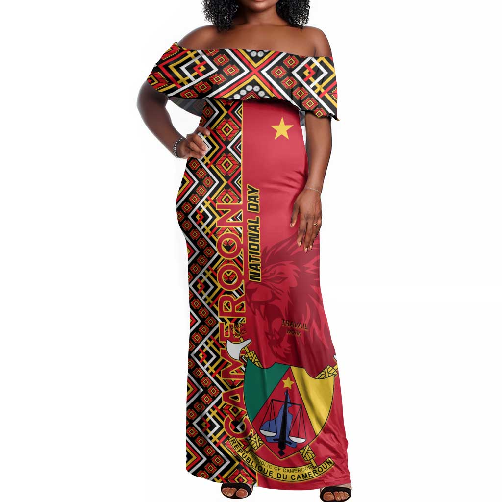 Cameroon National Day Off Shoulder Maxi Dress Cameroun Coat Of Arms Ankara Pattern