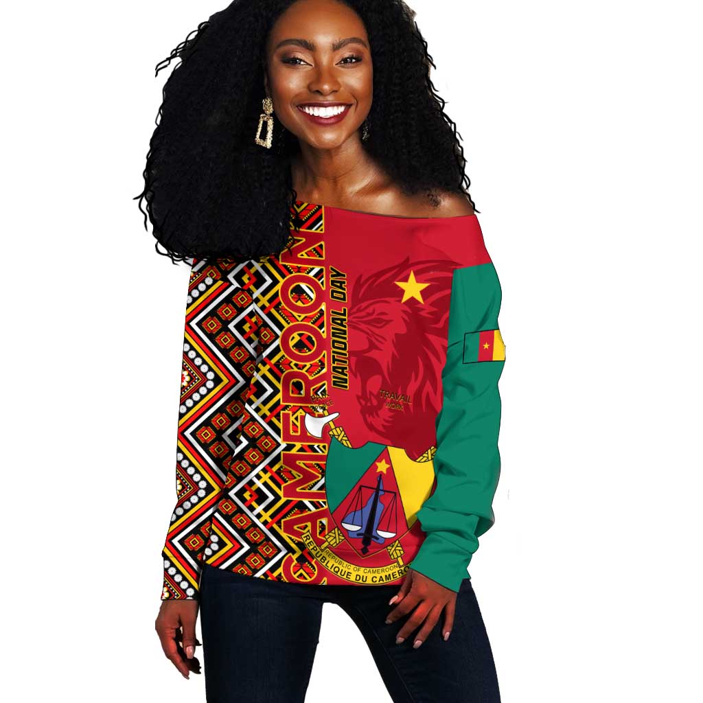 Cameroon National Day Off Shoulder Sweater Cameroun Coat Of Arms Ankara Pattern